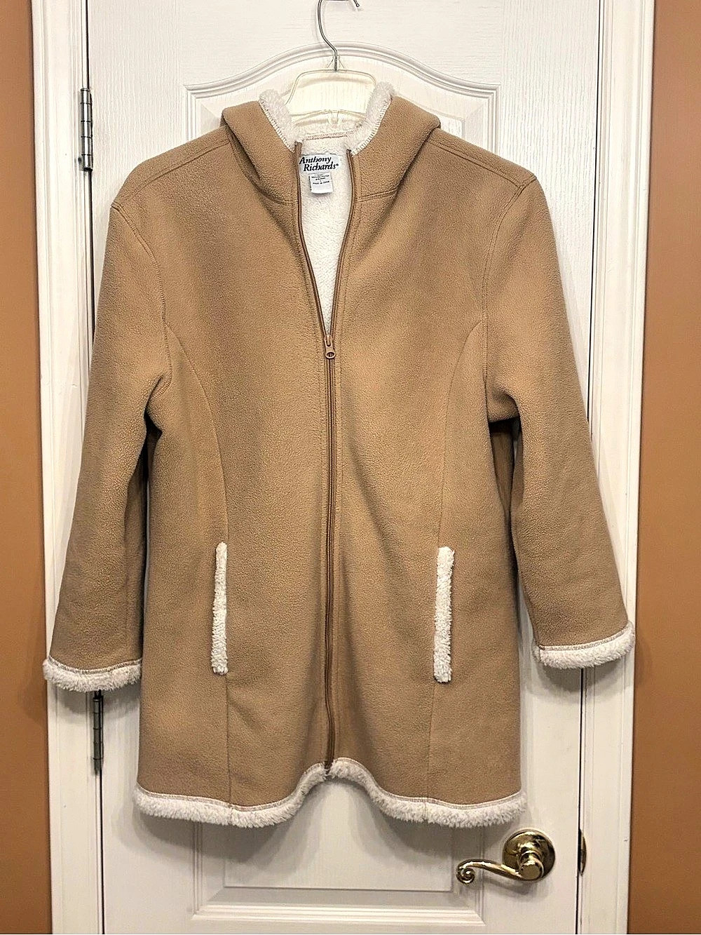 Vintage Anthony Richards Sherpa-Trimmed Camel Fleece Hooded Parka Jacket (L)